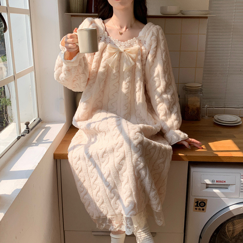 파자마 여성 겨울 두꺼운 따뜻한 플란넬 요정 달콤한 긴 나이트드레스 긴팔 산호 양털 공주 스타일 홈 의류
