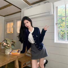 藏青色开衫短款针织衫外套女秋季小个子气质修身毛衣长袖外衣上衣