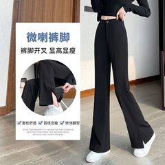 大码胖妹妹开叉微喇裤女春季新款高腰宽松显瘦百搭休闲西装裤