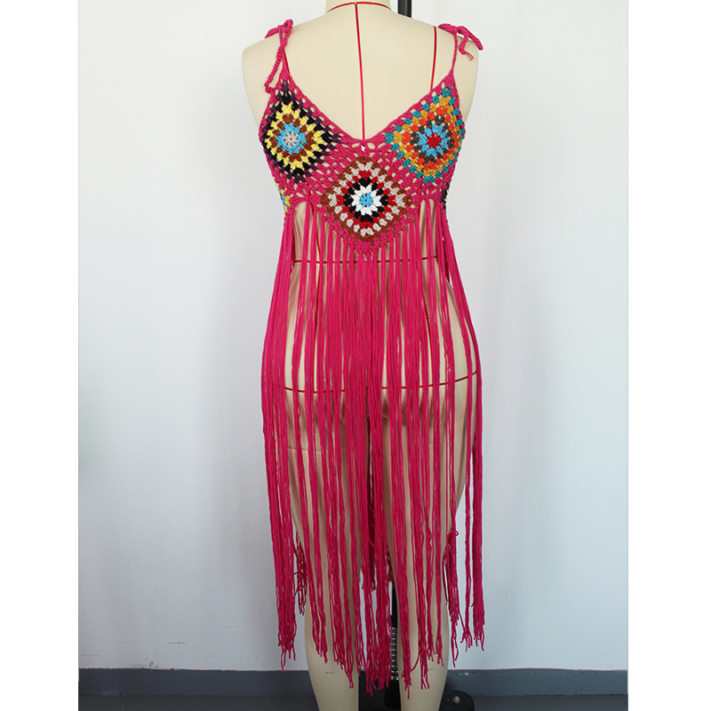 Sexy Hand Crocheting Tassel Mid Length Bohemian White Beach Dress in Dresses