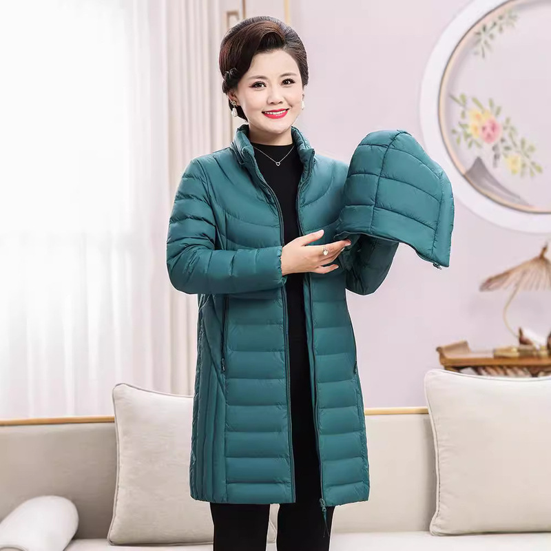 Middle-aged and elderly light down jacket women's middle-aged and long plus size removable cap 90 white duck down plus fat mother coat winter