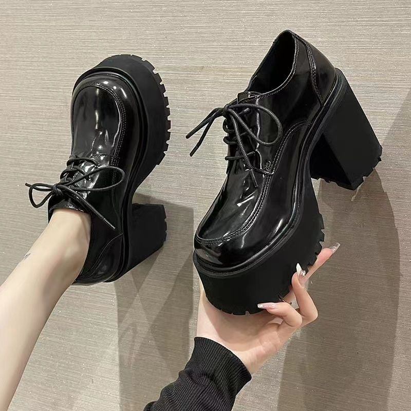 블랙 스몰 가죽 신발 메리 제인 하이힐 여성용 2023 신상품 쁘띠 플랫폼 로퍼 싱글 레이어 슈즈