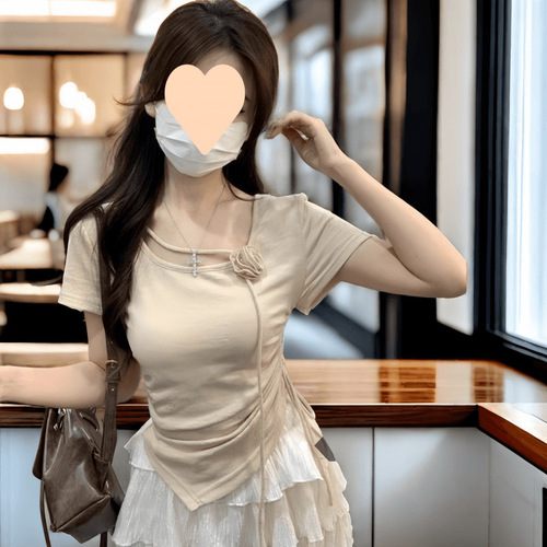 Design three-dimensional rose pleated short-sleeved shirt for women's summer 2025 new style waist waist and slimming short hot girl top