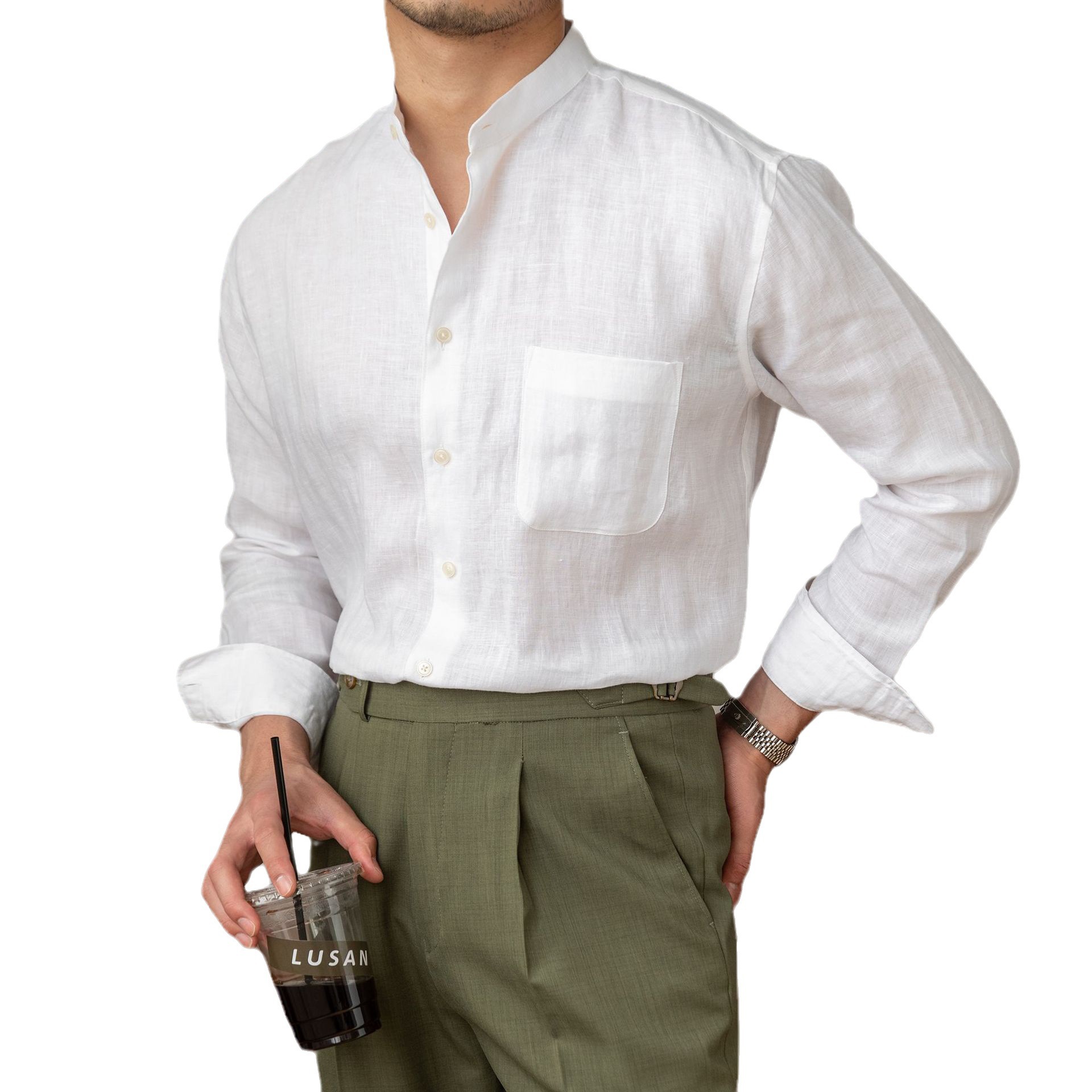 Commuting Light Mature Casual Breathable Pure Linen Long-sleeved Shirt All-match Holiday Collar Shirt Men's Henry Collar Top