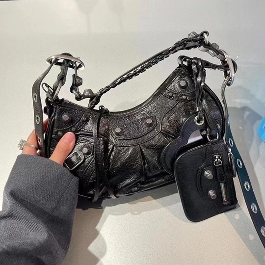 25 New B Motorcycle Bag Armpit Bag Rivet Tassel Three-In-One Crescent Pleated Cowhide Shoulder Crossbody Women's Bag