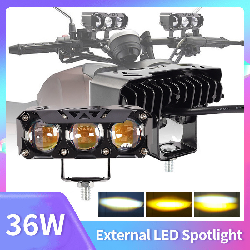 Nuevas luces de motocicleta de tres ojos, luces de trabajo externas amarillas blancas, faro auxiliar de alto brillo para vehículos eléctricos image 3