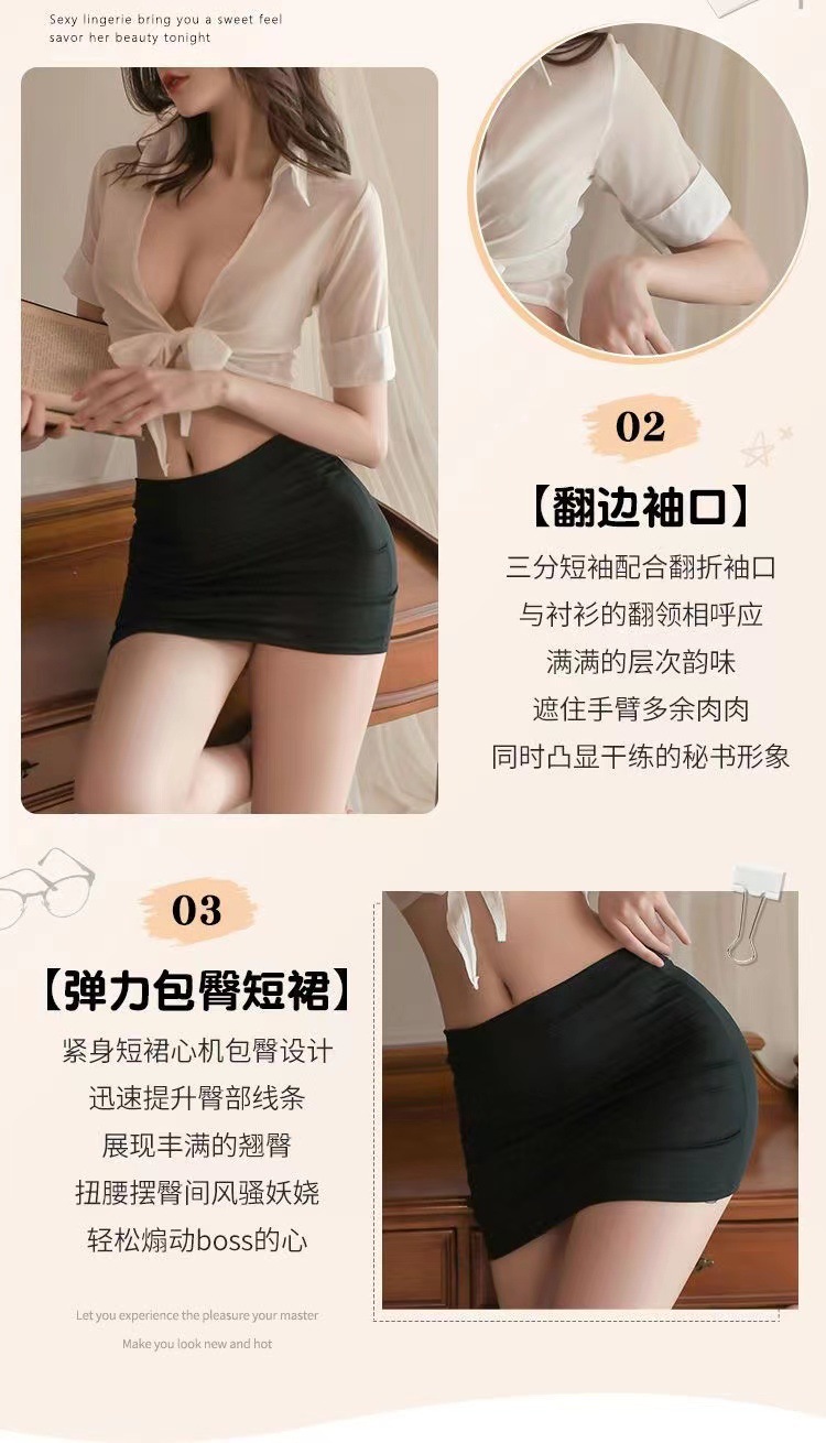 Sexy Secretary Roleplay Costume Set with Chiffon Shirt, Mini Skirt and Panties — detail image 3