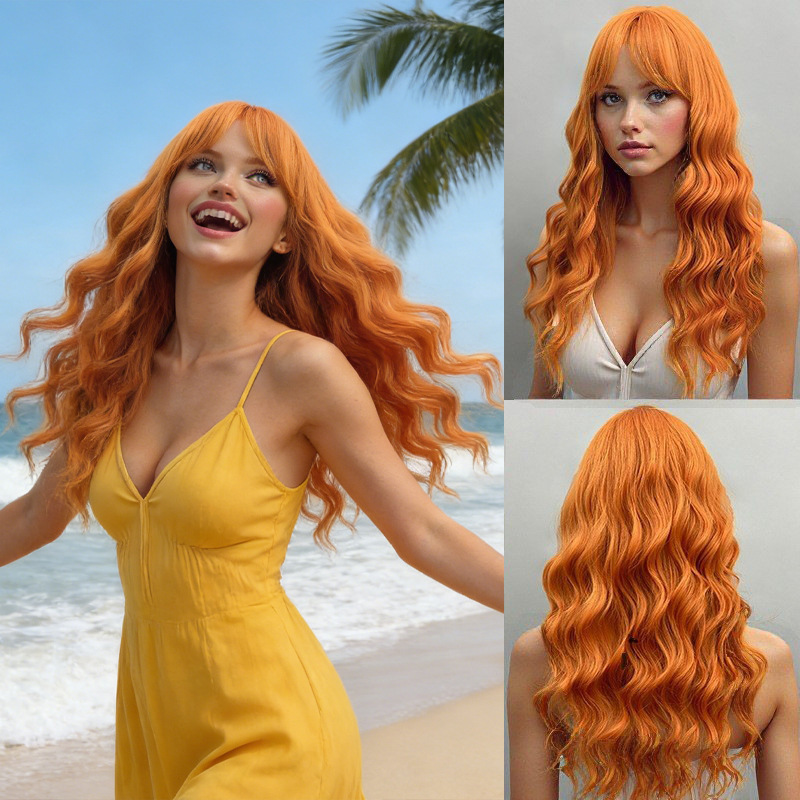 22 inch long curly orange wavy hair wig with bangs-natural look synthetic fiber wig 22 inch long curly orange wavy hair wig with bangs-natural look synthetic fiber wig