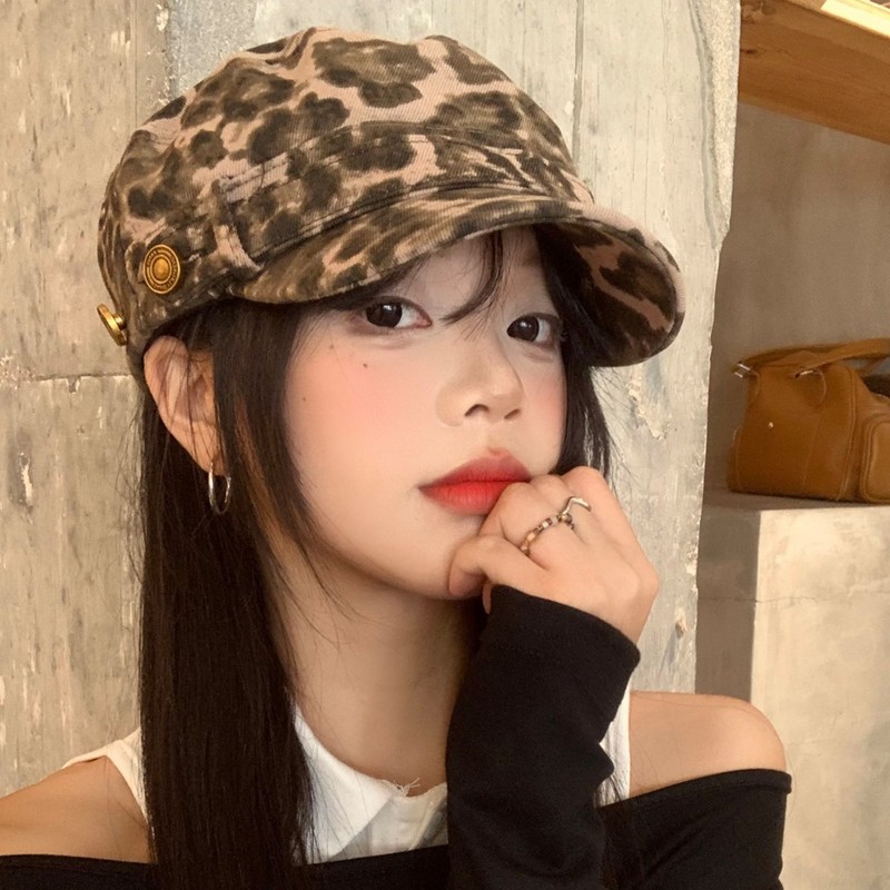 美式复古豹纹平顶鸭舌帽女小众辣妹显脸小贝雷帽大头围报童帽子潮|undefined