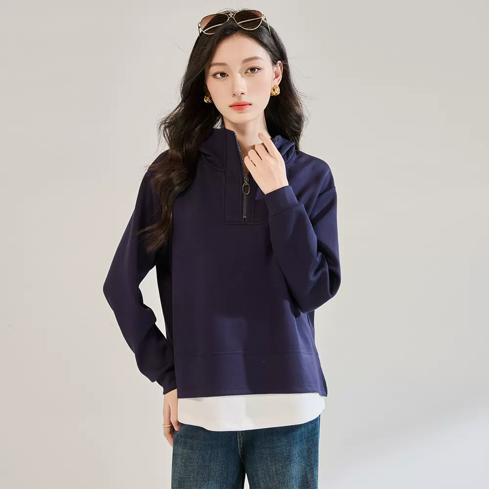 25秋冬新款美式连帽卫衣女假两件空气层休闲半拉链宽松上衣18973