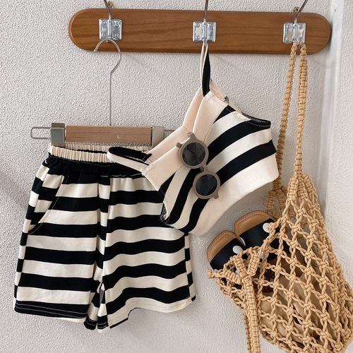 Girls striped suspender shorts two-piece set 2024 summer new season baby girl casual fashion sports suit trendy