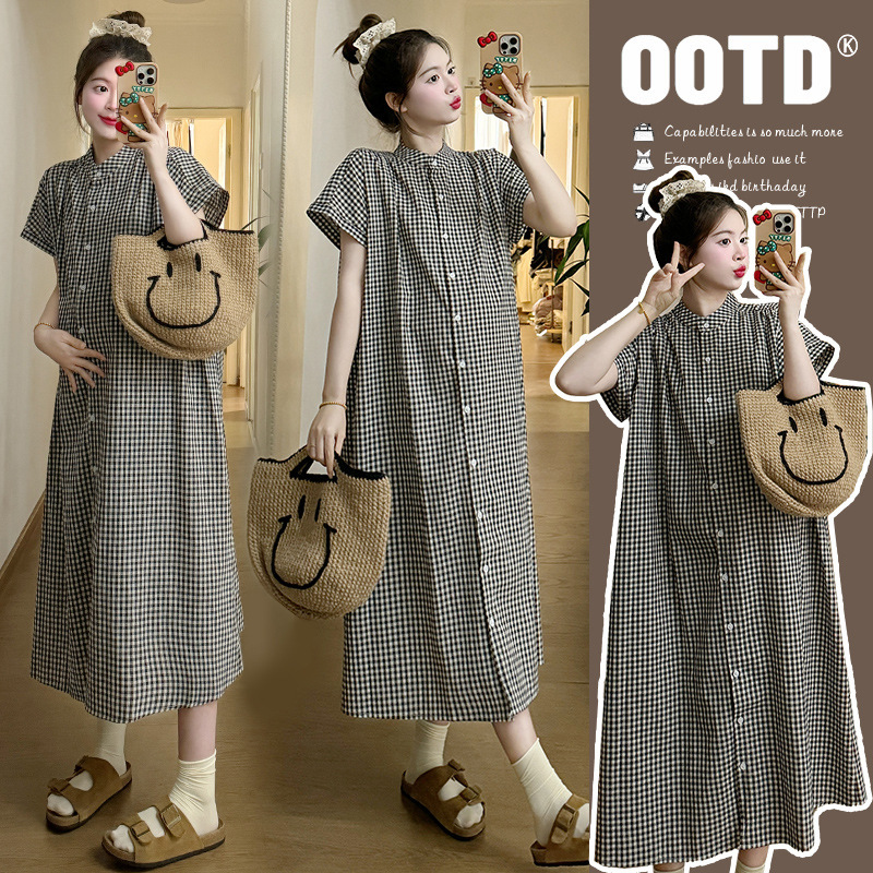 时尚外出实拍2025夏复古文艺气质宽松格子可哺乳衬衫孕妇长裙