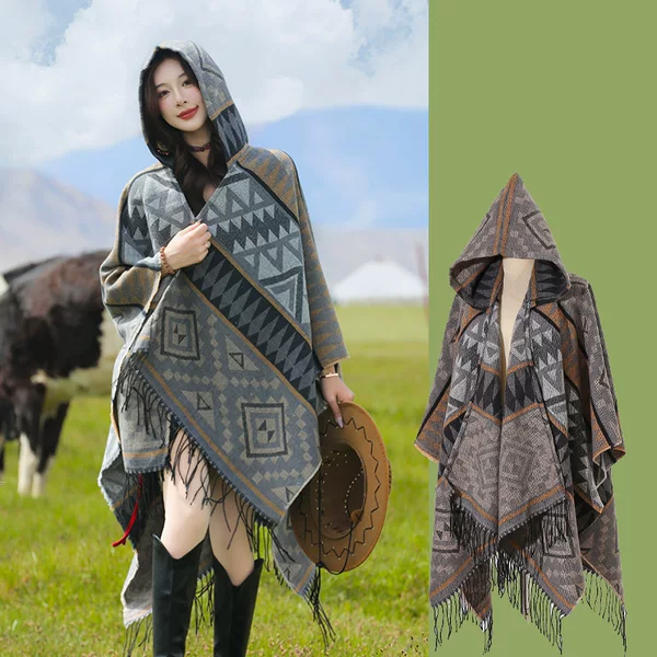 Sichuan-Xizang Bohemian Photo Knitted Shawl Scenic Spot Hot Selling Hooded Scarf Cape Yunnan Cape Shawl Women