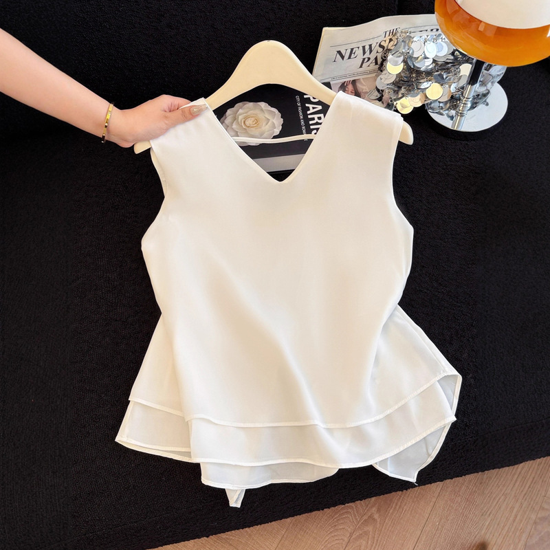 French Asymmetrical V Neck Sleeveless Chiffon Shirt for Women in Summer with Twist Knot Design on the Back and Beautiful Elegant Top