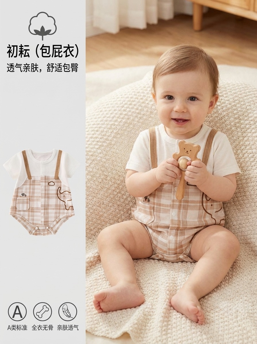 Ropa de bebé algodón de verano clase A sin hueso mangas cortas bolsa de triángulo chaqueta de cuello redondo ropa de bebé de un mes pequeño niño