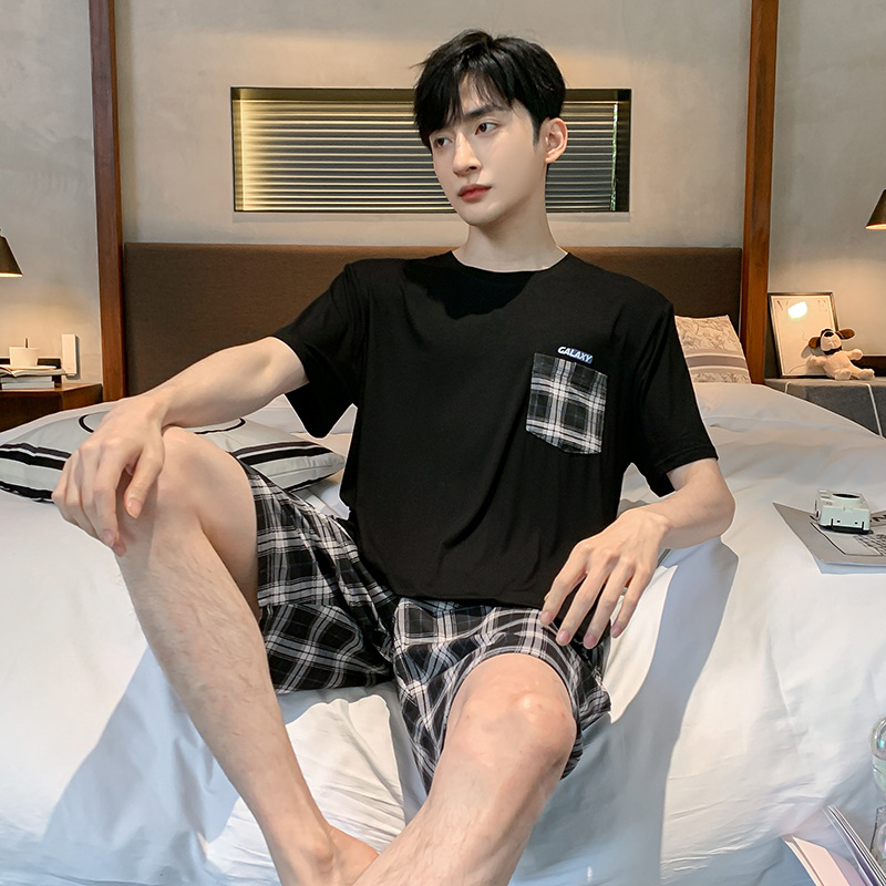 Verano de los nuevos hombres de manga corta modal pijamas casuales simples pantalones cortos a cuadros traje de ropa para el hogar en el extranjero al por mayor