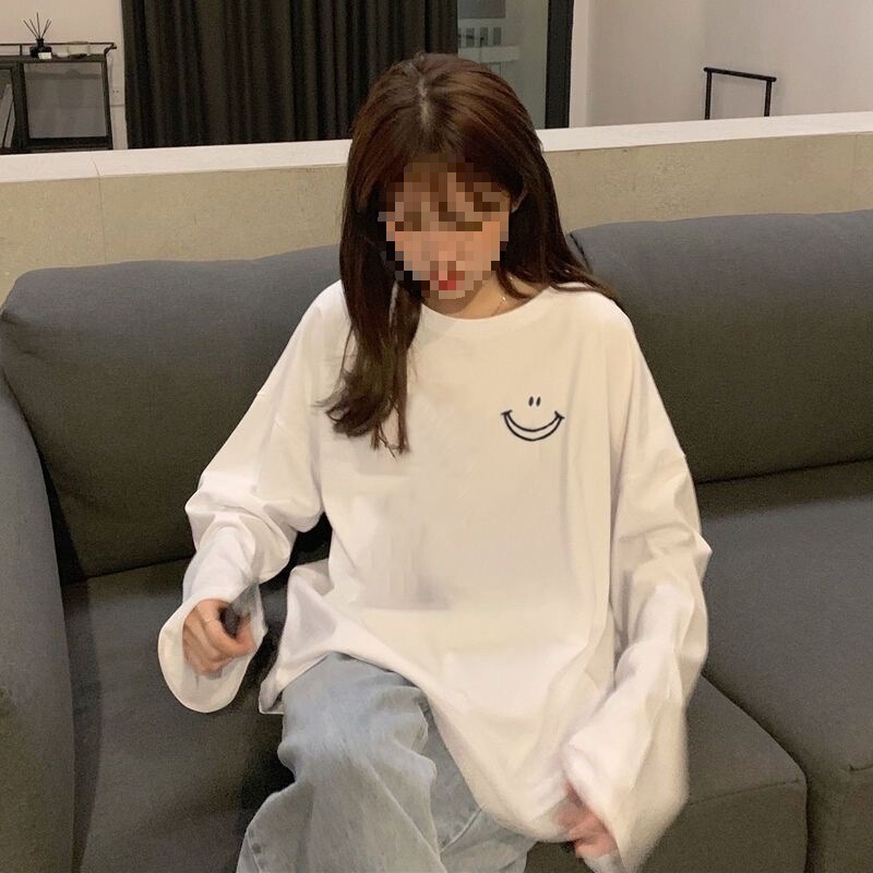 2022 Autumn and Winter New Loose Long-Sleeved T-Shirt Women's Smiley Face Print Bf Harajuku Style Student Korean Style Long-Sleeved Top