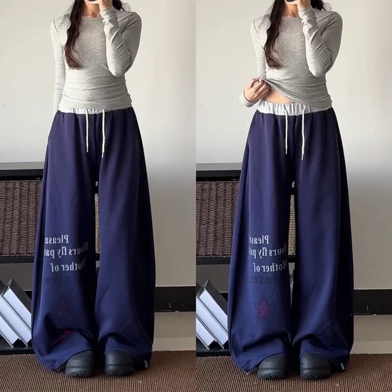 American-style letter-printed, rhinestone-embellished athletic sweatpants for women, loose fit, flowing drape, slimming effect, suitable for dancing, wide-leg, curved-leg design, casual long pants American-style letter-printed, rhinestone-embellished athletic sweatpants for women, loose fit, flowing drape, slimming effect, suitable for dancing, wide-leg, curved-leg design, casual long pants
