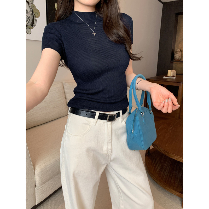 ホット販売リヨセルテンセル薄いハーフタートルネックショルダー半袖セーター女性のための 2025 夏の新しい Tシャツトップ|undefined