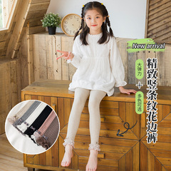 女童打底褲春秋款棉純色豎條紋蝴蝶結兒童打底襪中大童花邊九分褲