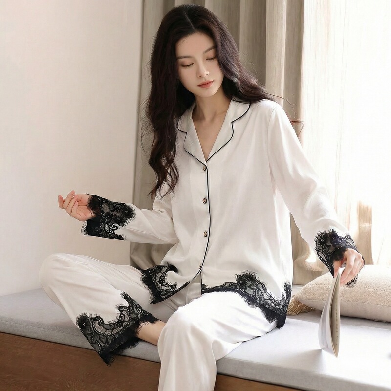 Summer French-Style High-End Chanel-Inspired Ice Silk Pajamas for Women, Solid Color with Lace Trim, Can Be Worn Outside, Set with Long Sleeves and Long Pants Summer French-Style High-End Chanel-Inspired Ice Silk Pajamas for Women, Solid Color with Lace Trim, Can Be Worn Outside, Set with Long Sleeves and Long Pants