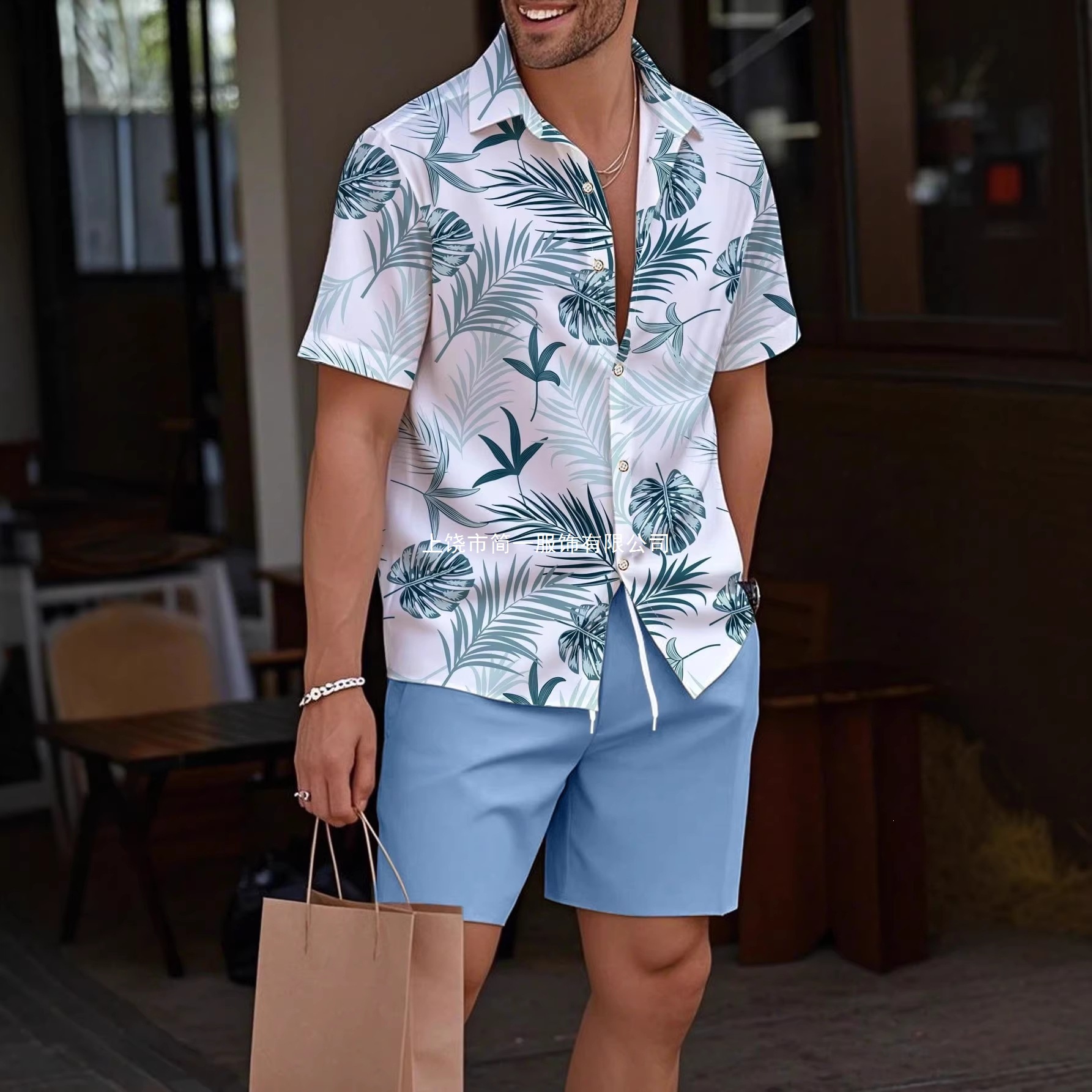 Comercio exterior transfronterizo retro camisa de botón de verano set de pantalones cortos 3D impresión casual vacaciones cardigan hombre set de dos piezas