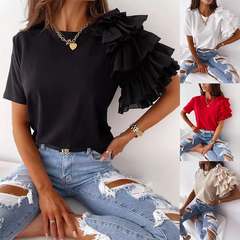 2021 summer independent station Amazon European and American cross-border new simple fashion ruffled short sleeve all-match round neck T-shirt