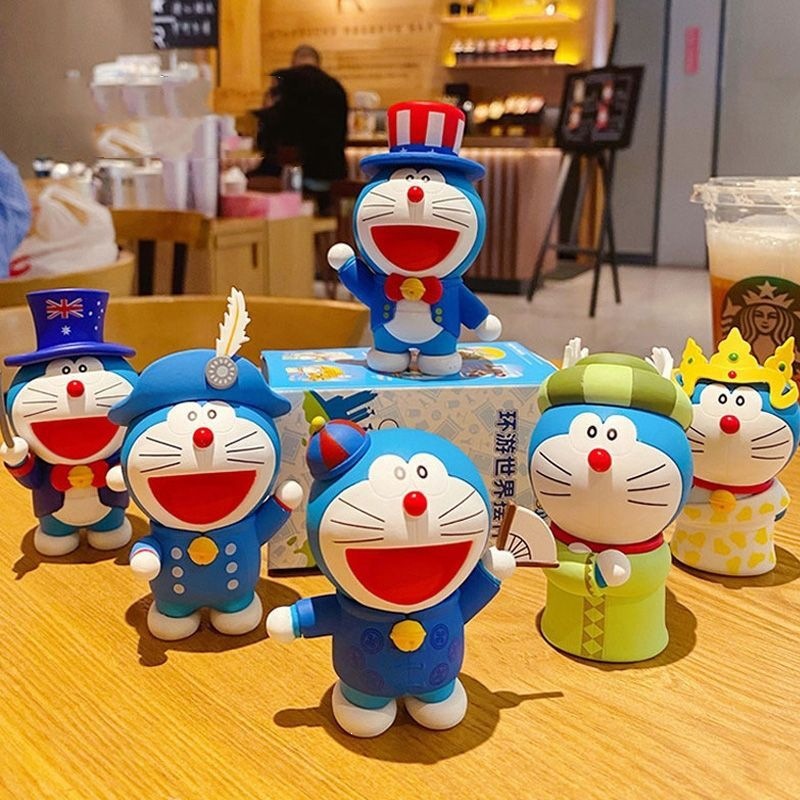 도라에몽 세계 일주 시리즈 블라인드 붐 놀이 피규어 피규어 피규어 피규어 귀여운 탁상 진열품 인형 생일 선물