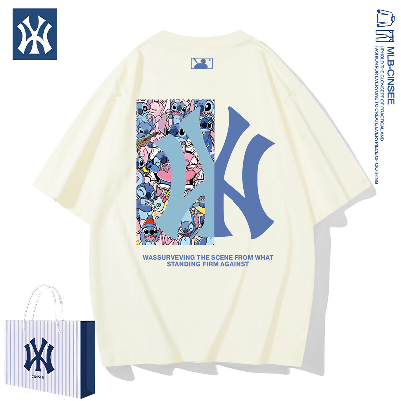 Mlb&Ny2025 Summer Heavyweight Pure Cotton T-Shirt Men's Fashion Versatile Half-Sleeved Tops Trendy Brand Accessible Luxury Couple Short-Sleeved