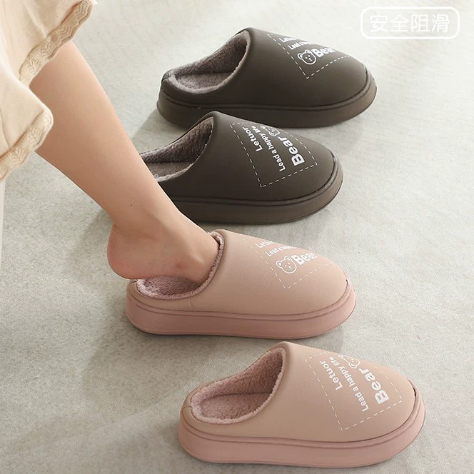 Зимние тапочки с кожаной поверхностью, водонепроницаемые и бархатные, теплые для мужчин и женщин, повседневные зимние хлопковые тапочки для пар, отдых дома.