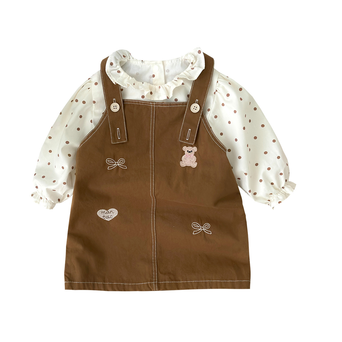 2025 nuevo producto primavera versión coreana del oso bordado amor dibujos animados bebé super lindo bebé vestido de salida traje de correa