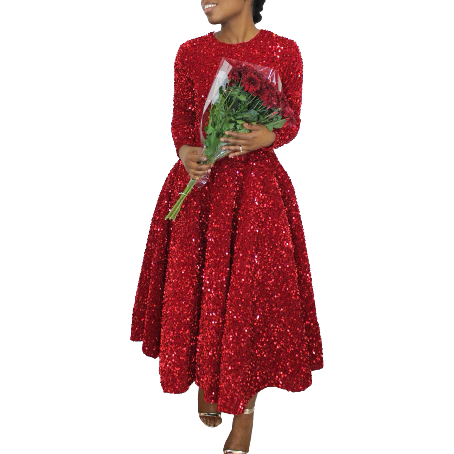 D469 Cross-Border New Women's Clothing Round Neck Long Sleeve Solid Color Sequin High Waist Elegant Mid-Length European_ecoleips.com