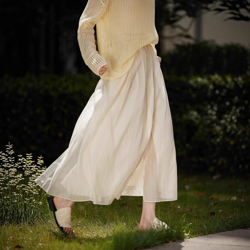 Soft light brushed summer | front and rear split design elastic waist skirt female A word long skirt 2025 summer new