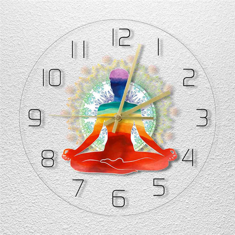 Cross Border Led Light Transparent Wall Clock Rainbow Watercolor Meditation Spirit Yoga Pose Color Clock Decorative Wall Clock
