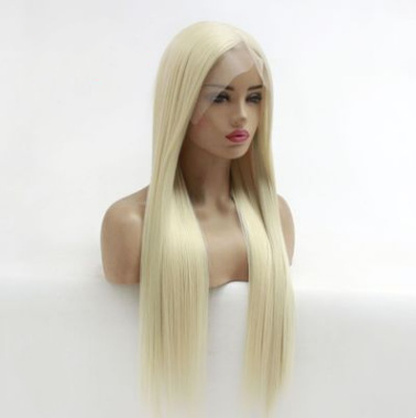 Peluca europea y americana para mujer, cabello liso de longitud media de oro claro, peluca de encaje frontal de fibra química, fábrica al por mayor LW0054