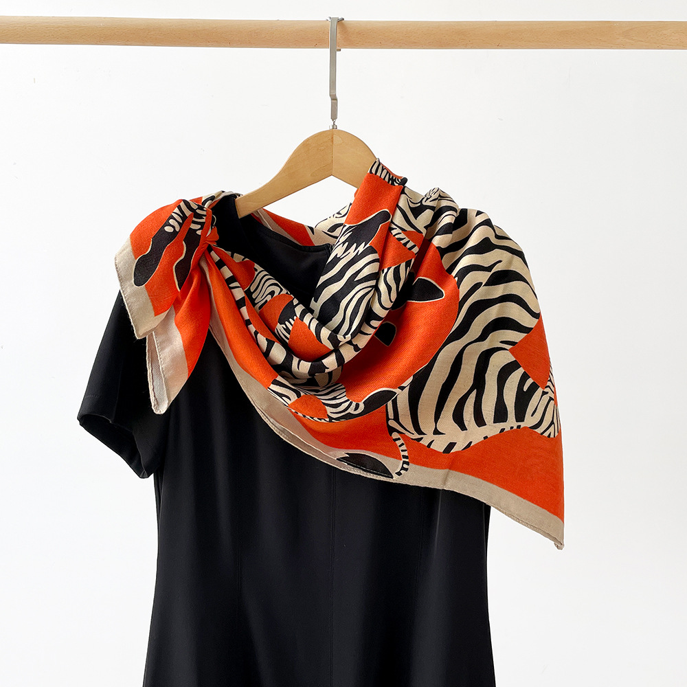 Large 90cm Square Scarf Zebra Print European American Fashion Herringbone Pattern Women's Shawl Retro Headscarf_voghion.com