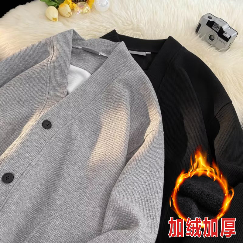 Cardigan de cuello en V chaqueta waffle suéter hombre delgado más veludo engrosado otoño invierno perezoso fábrica transfronteriza superior al por mayor