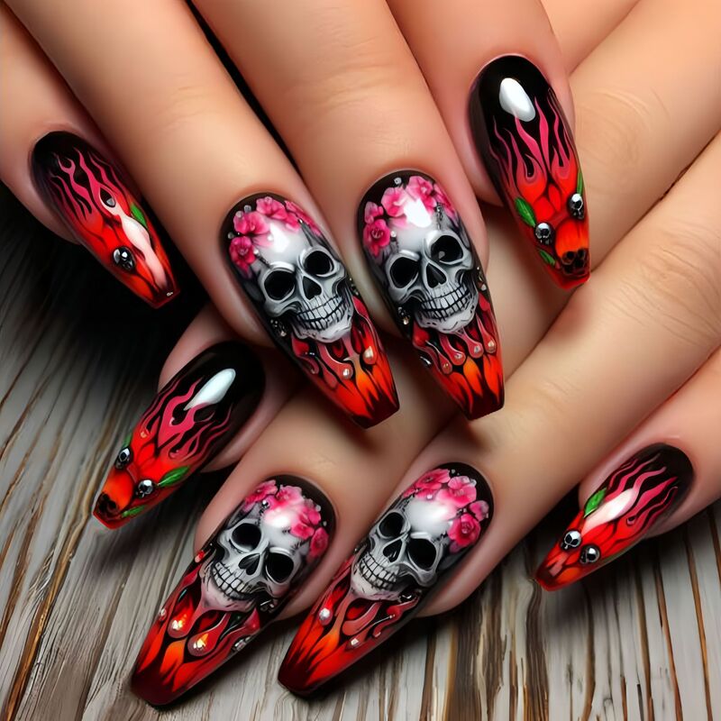 Halloween Manicure Patches, Red Fake Nail Patches, Horror Skull Flower Pattern Wearable Nails, Hot Selling in Fashion Halloween Manicure Patches, Red Fake Nail Patches, Horror Skull Flower Pattern Wearable Nails, Hot Selling in Fashion