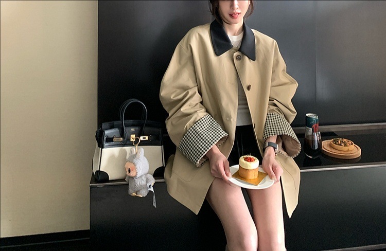 Skk Stoe 高智巴恩风 卡其色风衣撞色格纹拼接短款宽松外套女秋|undefined