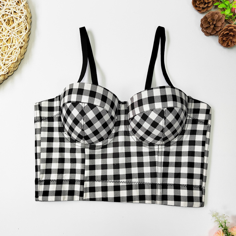 Shake Fast Live High-end Elegant Plaid Camisole Vest Women's Short Small Square Printed Fishbone Spice Girl Top Tube Top