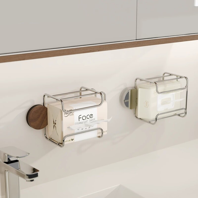 Wall-mounted tissue box, no-drill installation, multifunctional toilet tissue box storage rack, wet wipe holder, stainless steel bathroom