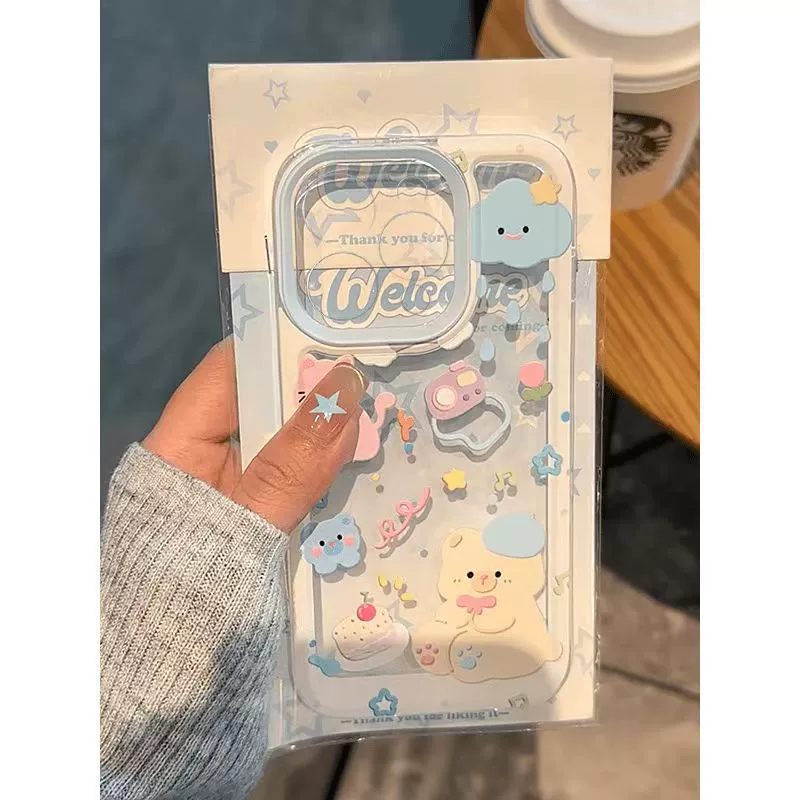 Phone Case (Apple iPhone 15 Series) Cute 3D Bear Design, Transparent Soft TPU with Camera Lip