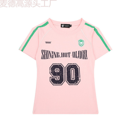 90 Number Printed Sport Short Sleeve T-shirt Women's Summer American Round Neck Striped Shoulder Sleeve Round Neck Top