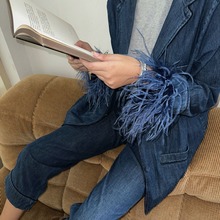 YIMENG港风 牛仔 套装鸵鸟毛外套+秋冬法式小众九分裤时髦两件套