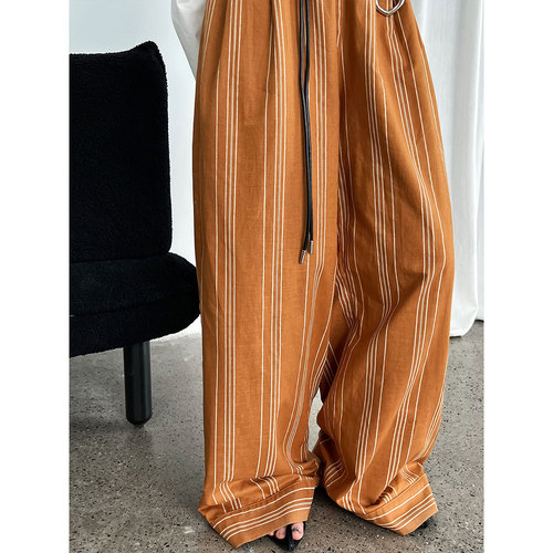 Women's Summer New Casual Loose Trousers with Belt, Relaxed Wide Leg, 1899, in Linen and Hemp Fabric with Stripe and Stretch Waist