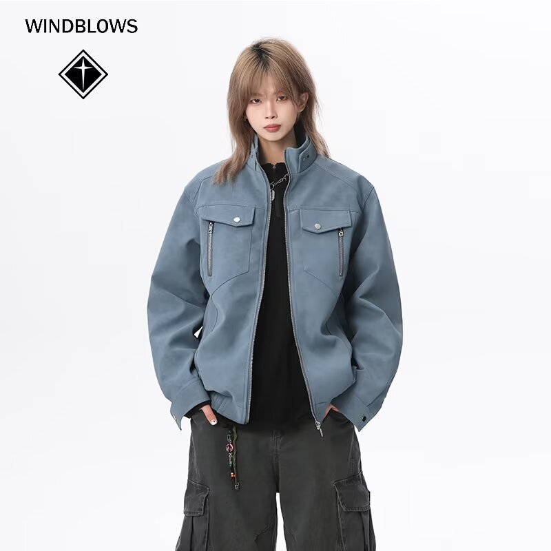 WIND BLOWS美式复古立领工装夹克2025春秋季男女装潮牌PU皮衣外套|undefined