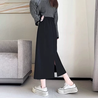 2027夏季大码胖mm半身裙女高腰中长款开叉A字裙显瘦黑色裙涤纶