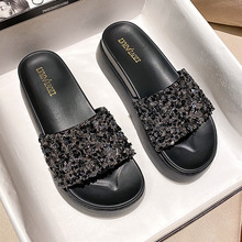 2026 new women's summer slippers with sponge cake, thick sole, rhinestones, height increase, one line cool slippers for women in sizes 41-43