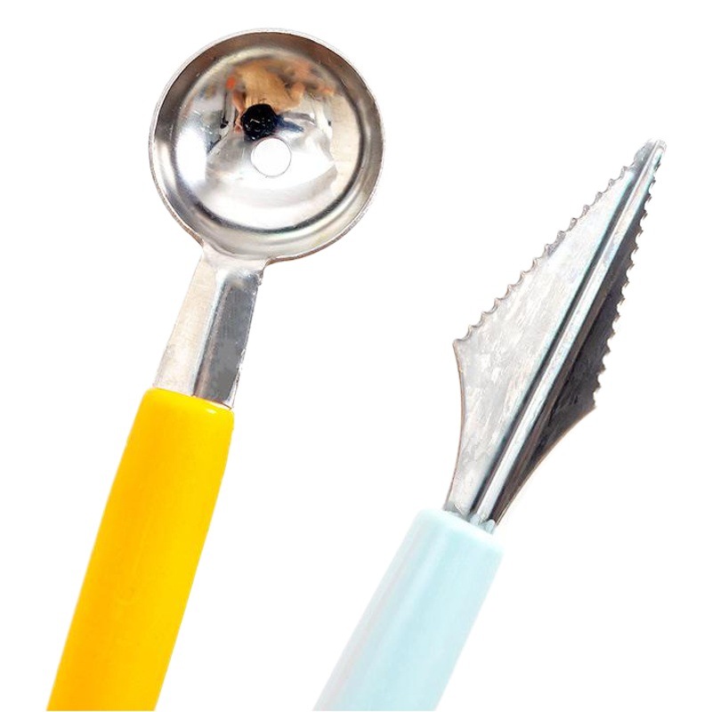 H992 de doble cabeza de acero inoxidable plato de fruta bola excavadora cuchillo de talla corrugado Bola de sandía Dispositivo de talla de fruta excavadora