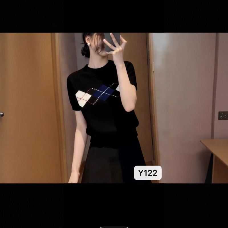 Korean-style diamond-pattern casual short-sleeve knitted T-shirt for women, 2026 summer new model, round-neck, slim-fit, versatile top